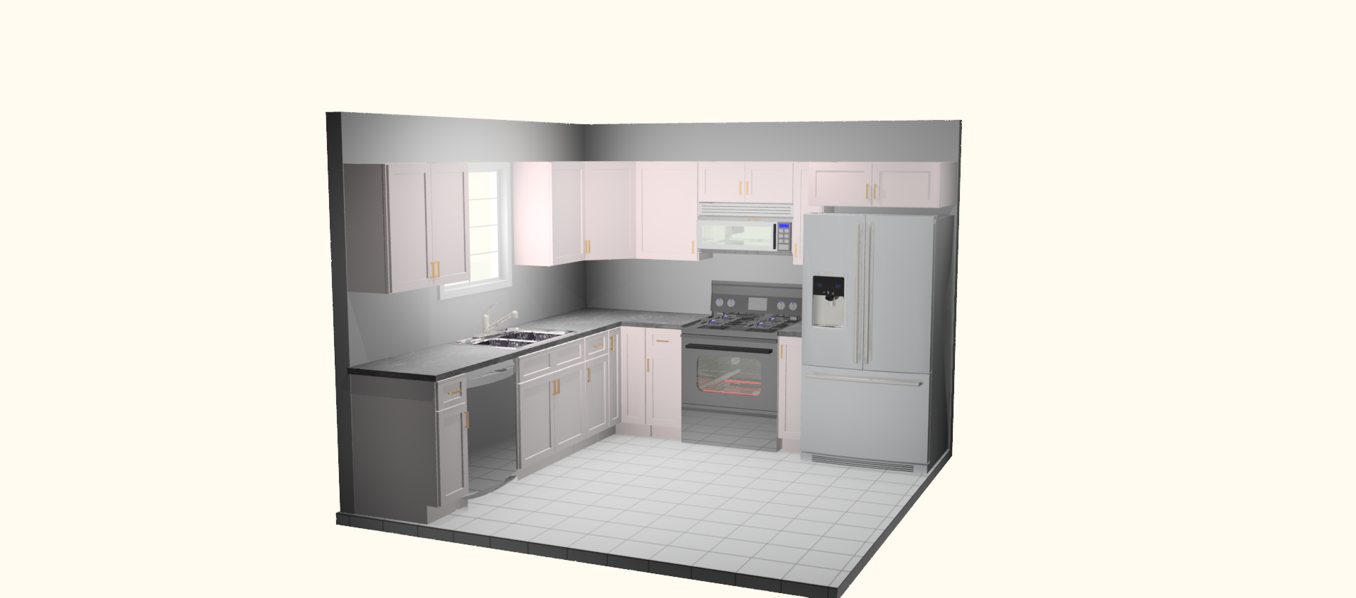 A kitchen with granite counter tops and white cabinets.