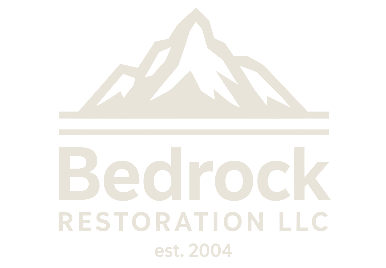 Company logo for Bedrock Restoration LLC, featuring a beige mountain illustration above the company name and est. 2004.