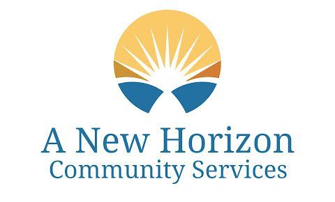 The logo for a new horizon community services is a sun with rays coming out of it.