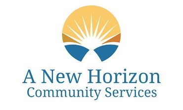 Logo for A New Horizon Community Services with sunrise and blue hills icon