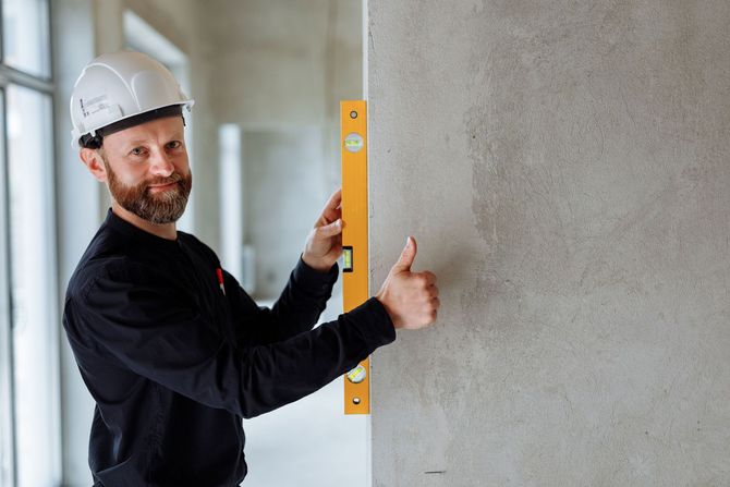 Worker in a hard hat using a level to check a wall during construction.