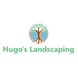Hugo’s Landscaping logo with a tree and blue circular accents in green and brown.