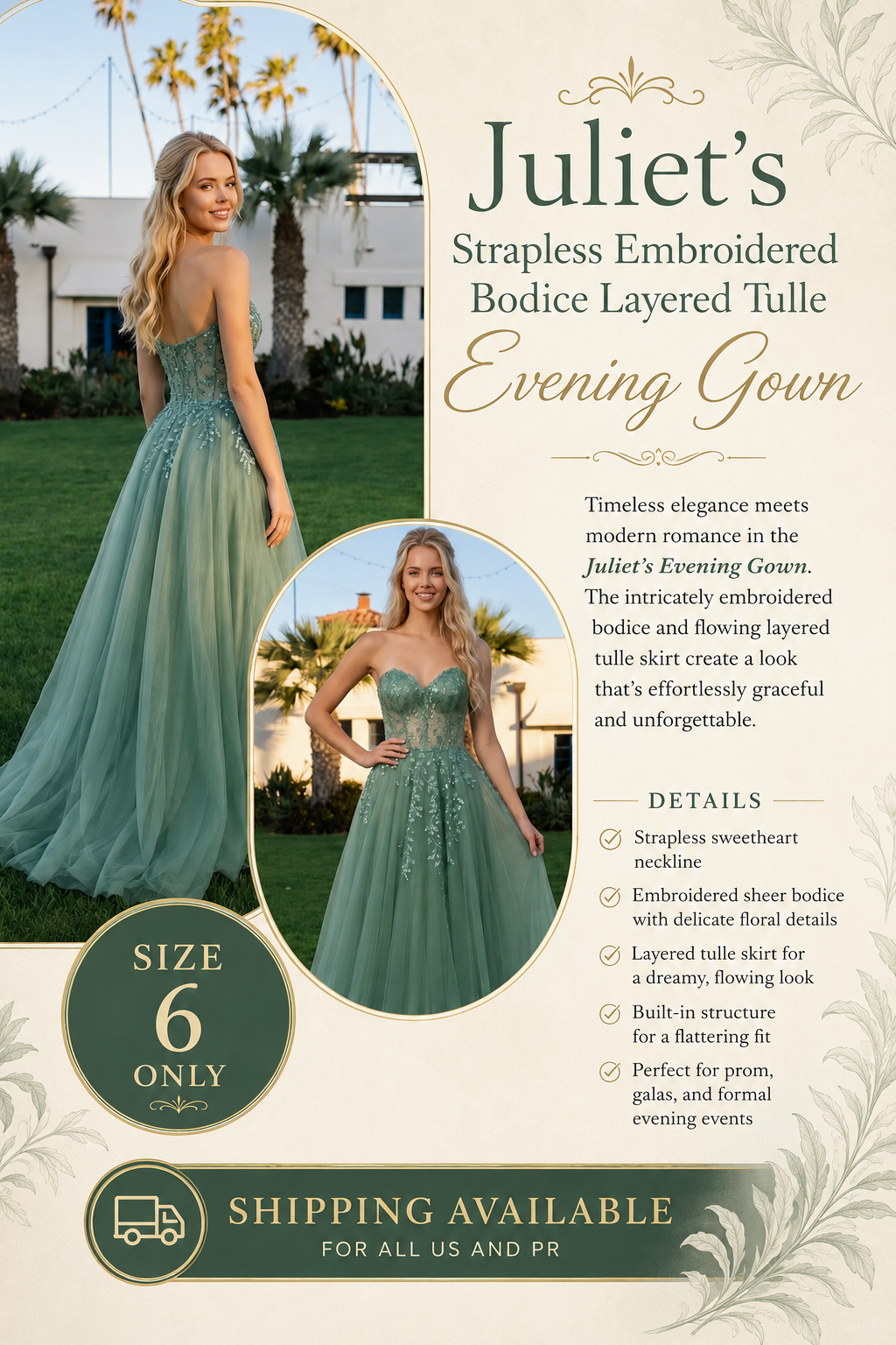 New Juliet's Strapless Embroidered Bodice Layered Tulle Evening Gown