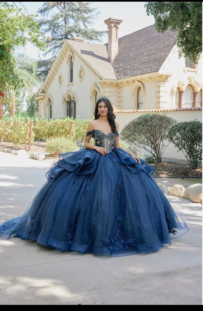 Juliet's Layered Off-Shoulder Ball Gown with Floral Application