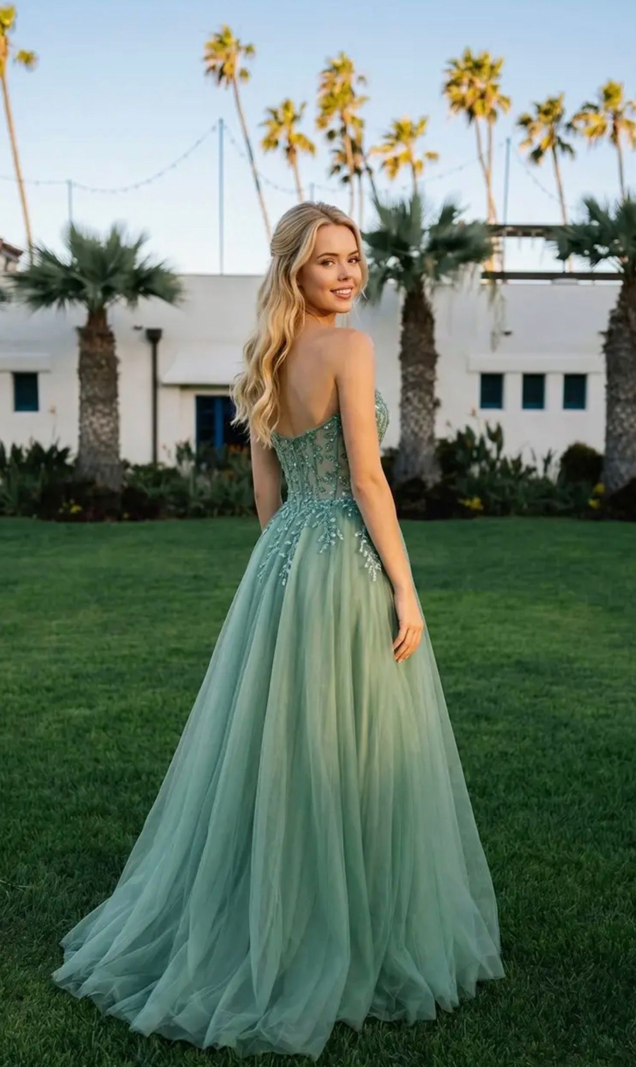 New Juliet's Strapless Embroidered Bodice Layered Tulle Evening Gown