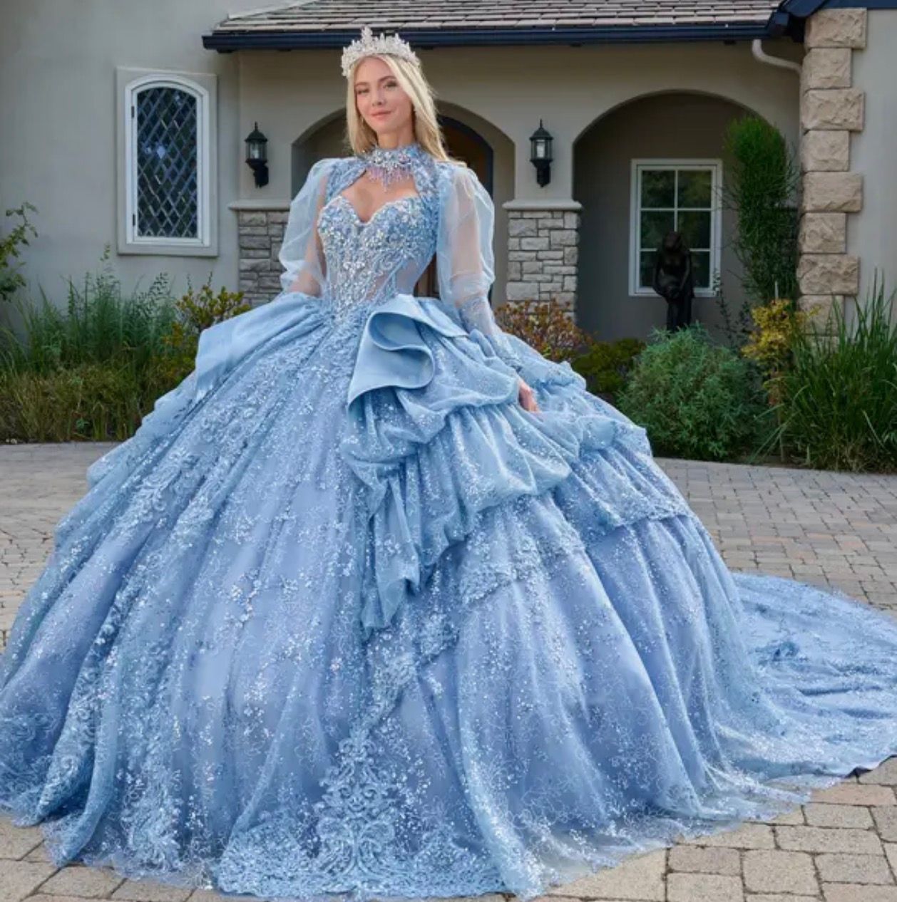 Sheer Choker Bolero Embellished Quinceanera Gown
