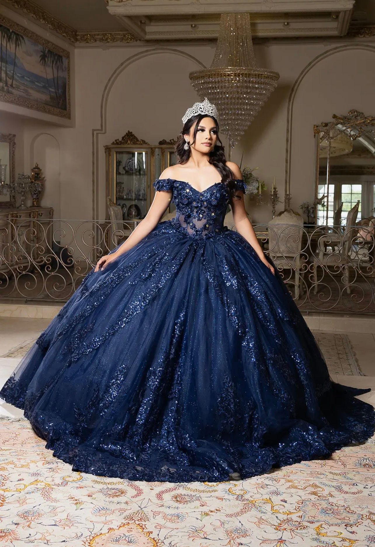 Quinceañera Ball Gown with Off-Shoulder Floral Lace