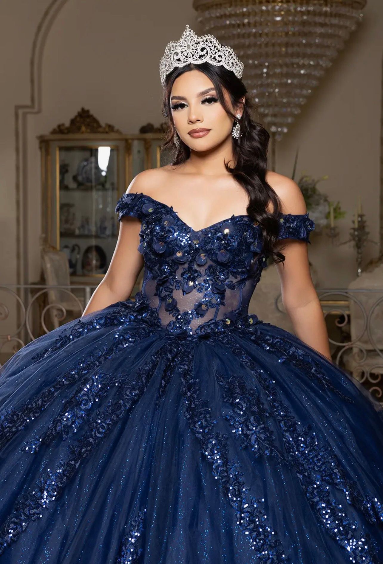 Quinceañera Ball Gown with Off-Shoulder Floral Lace