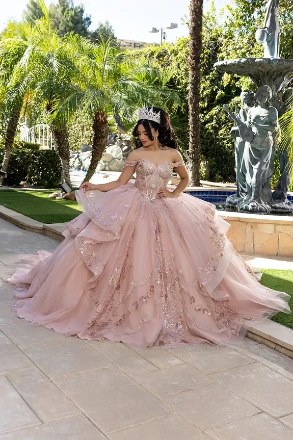 Off Shoulder Ball Gown with Corset Bodice Crystal Embroidery & Chapel Train