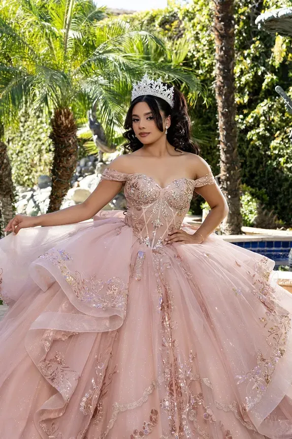 Off Shoulder Ball Gown with Corset Bodice Crystal Embroidery & Chapel Train