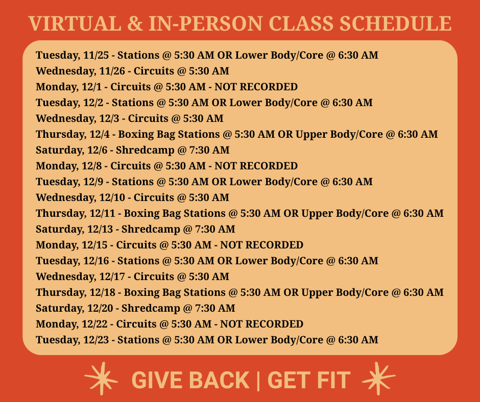 Class schedule for virtual and in-person fitness classes