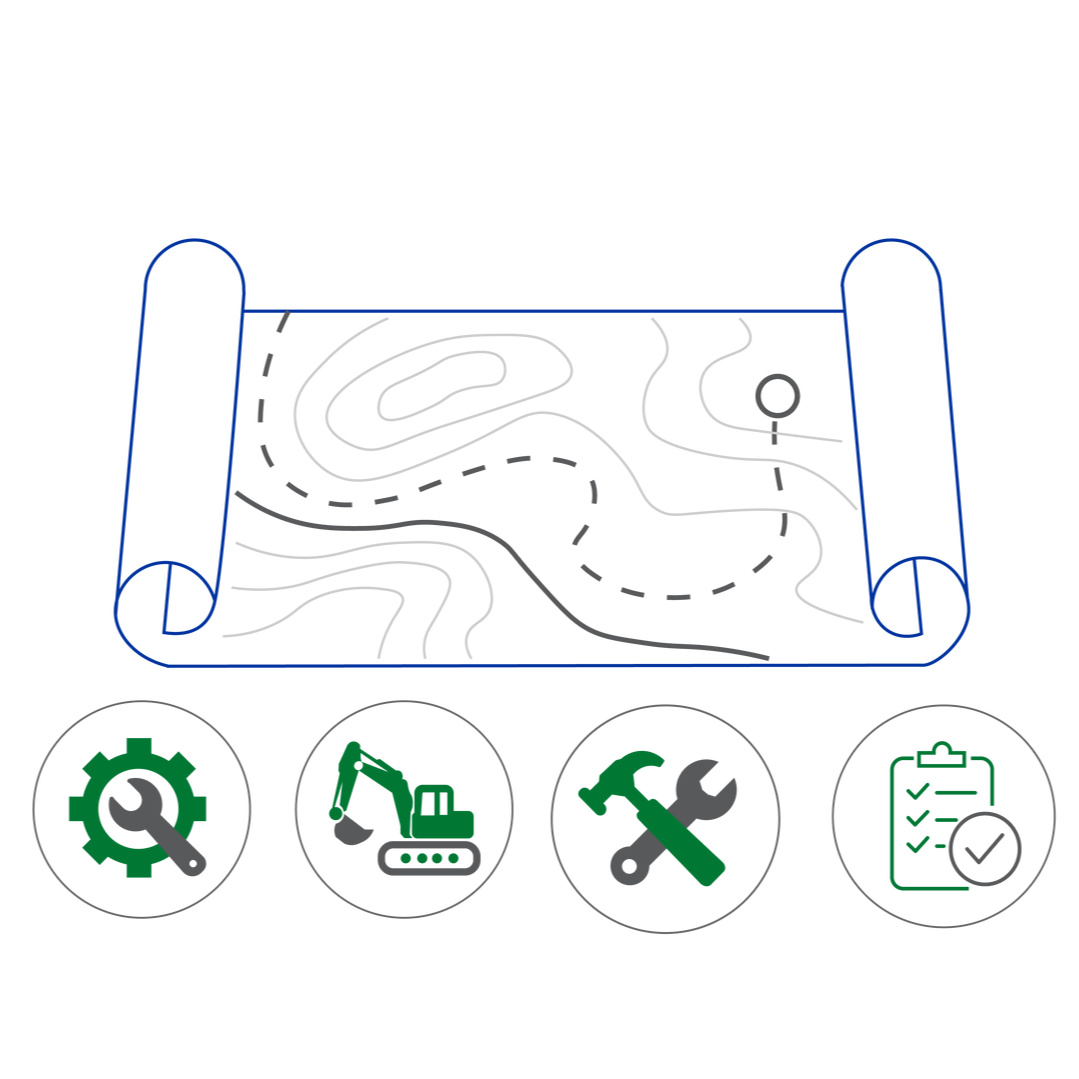 Unrolled drawing with a elevation lines on it, and a circle with 3 people shadows placed to show field work.