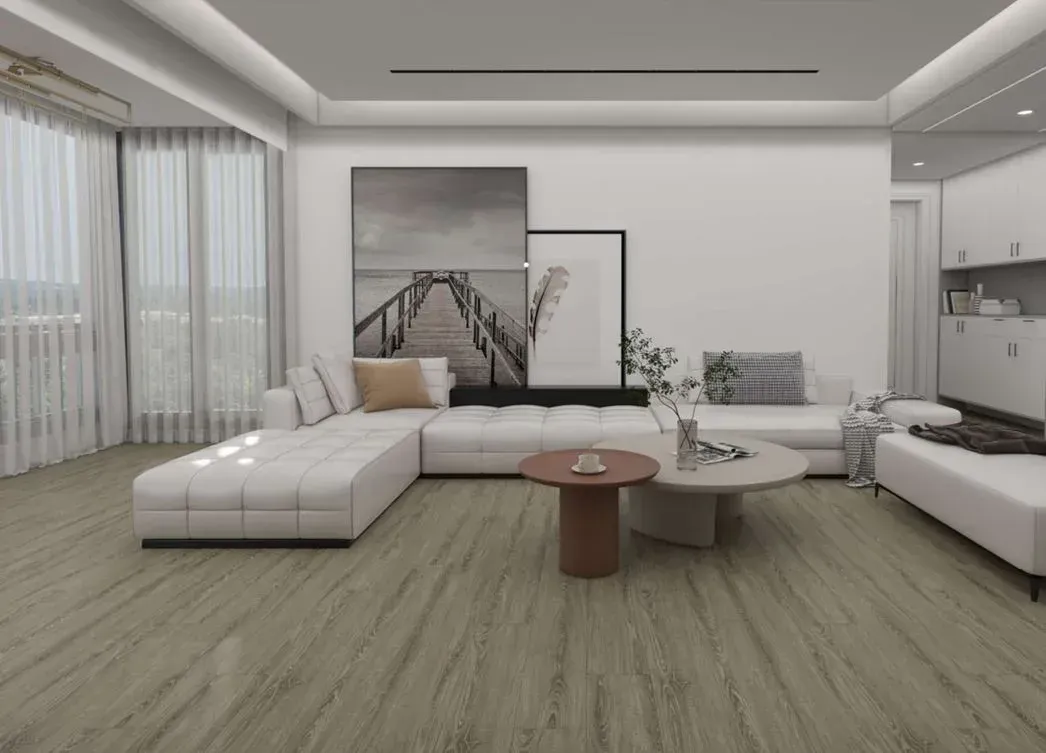 Modern minimalist living room with white sectional sofa, low tables, large windows, and wood flooring