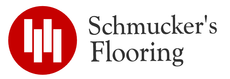 Schmucker's Flooring logo with red circle and white icon beside black text
