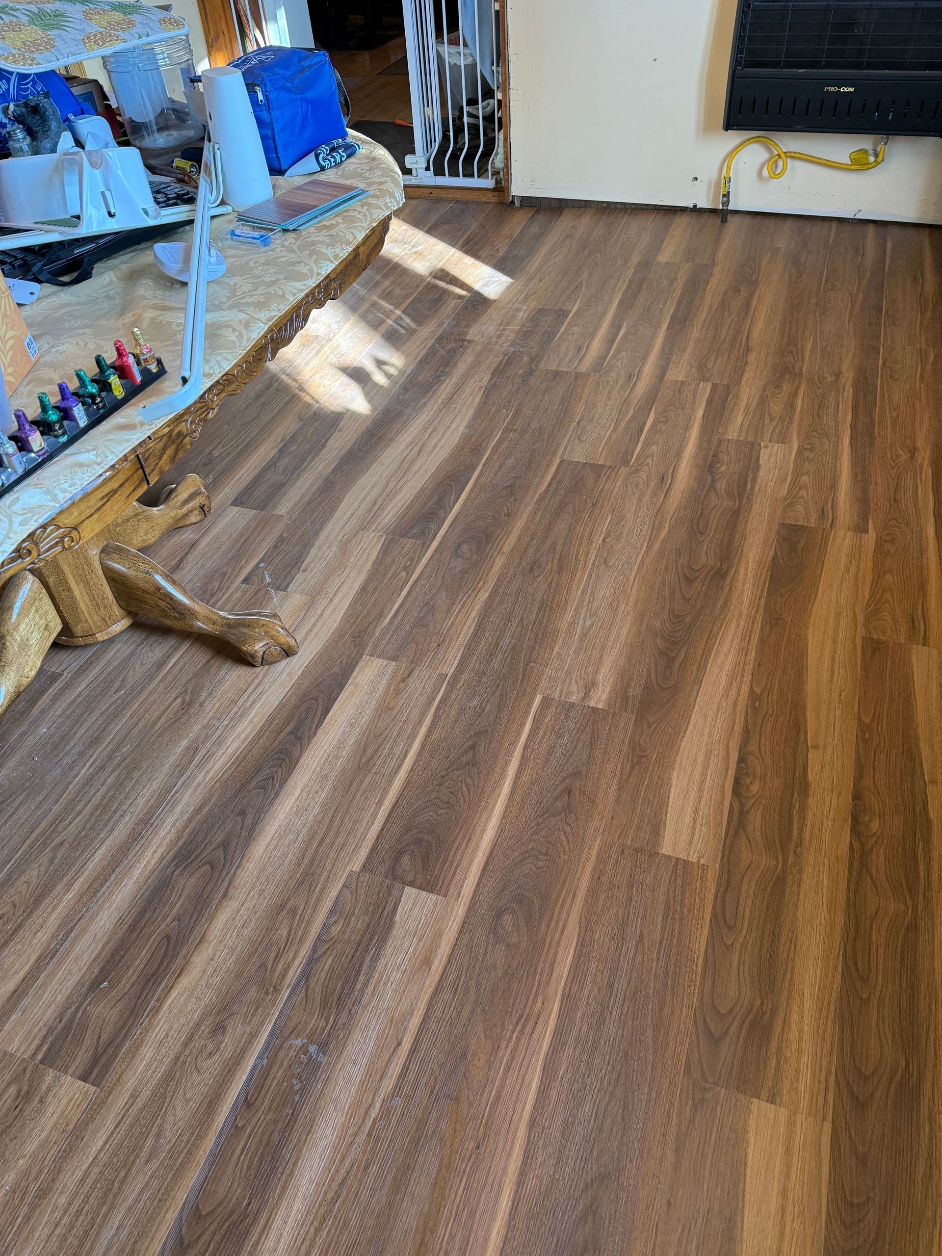 Empty wood-look floor in a bright room with sunlight and a cat lying near the left wall.
