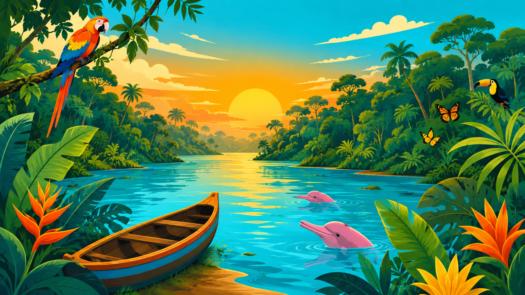 Tropical river at sunset with wildlife
