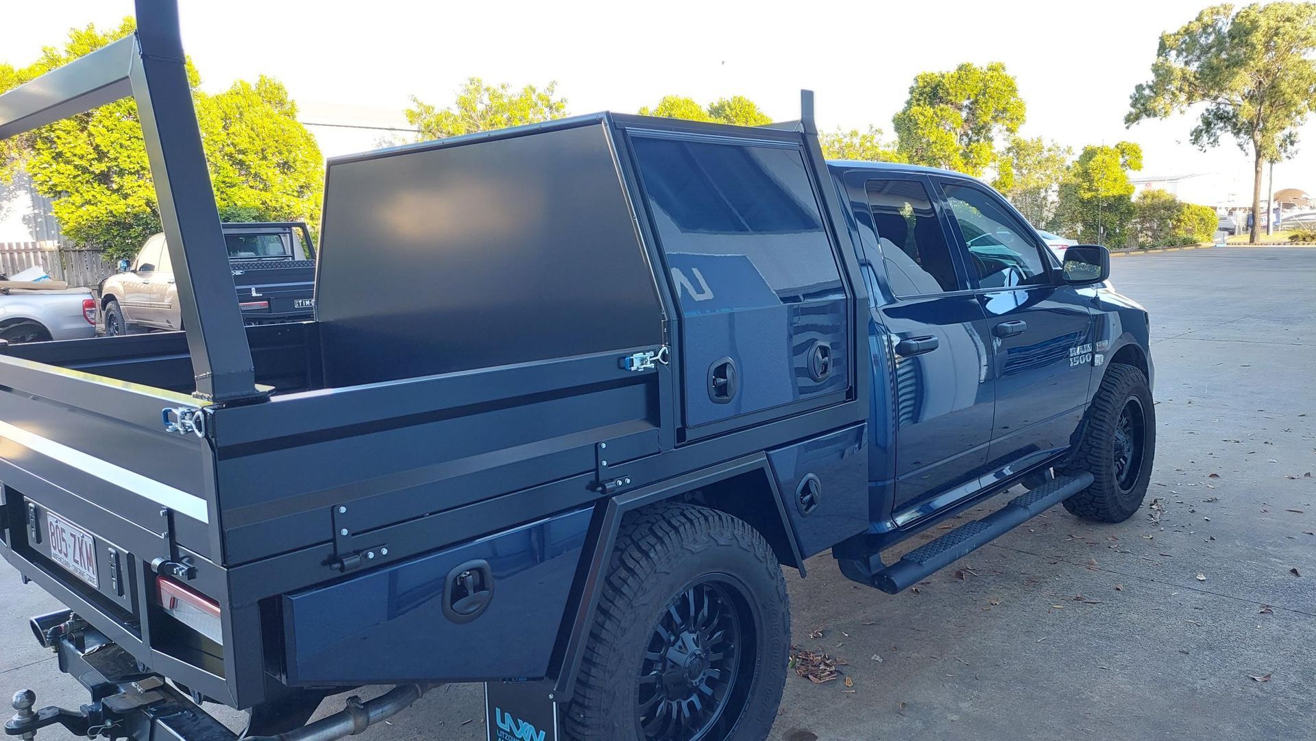 Blue Work Truck With Black Tray — Litzow’s Welding & Fabrication in Dundowran, QLD