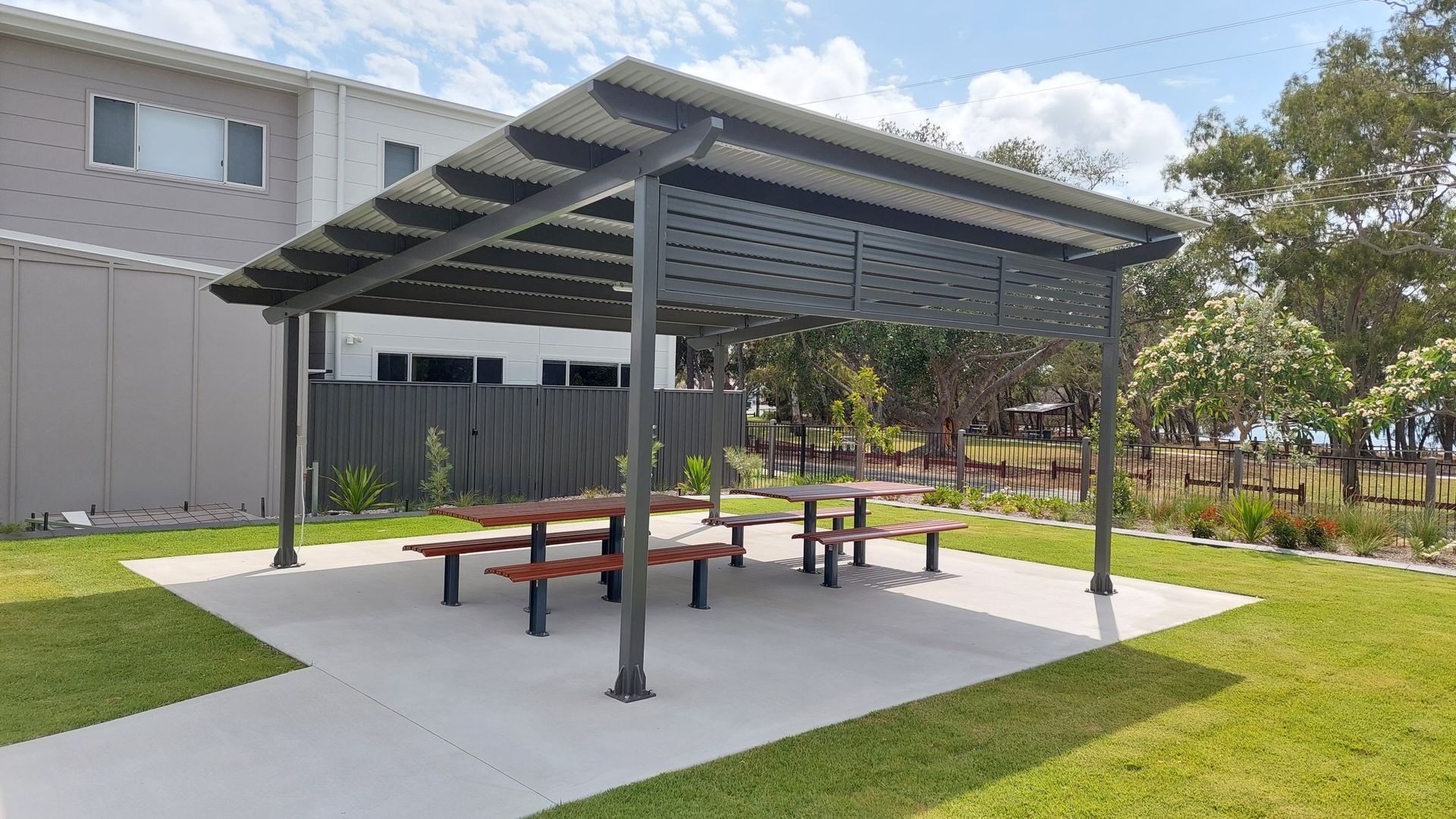 Picnic Shelter With Tables on Concrete — Litzow’s Welding & Fabrication in Dundowran, QLD