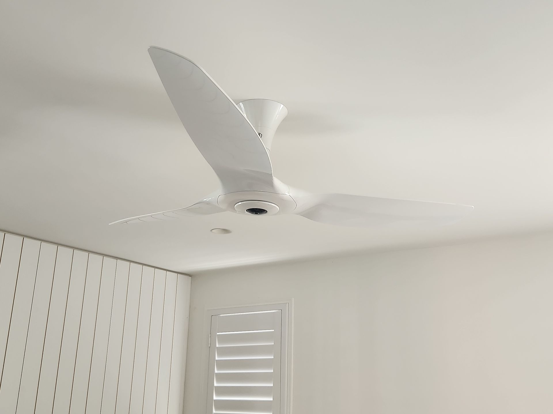 A Man is Installing a Ceiling Fan in a Living Room — Riselectrical In Tweed, NSW