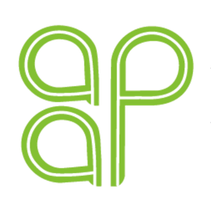 Green stylized lowercase “ap” logo with rounded lines on a white background