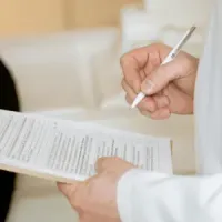 Gloved hands preparing a syringe injection into an arm in a clinical setting