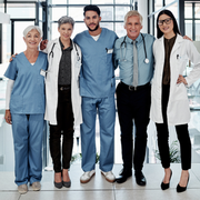 Group of five medical professionals in scrubs and lab coats standing together in a bright hospital hallway