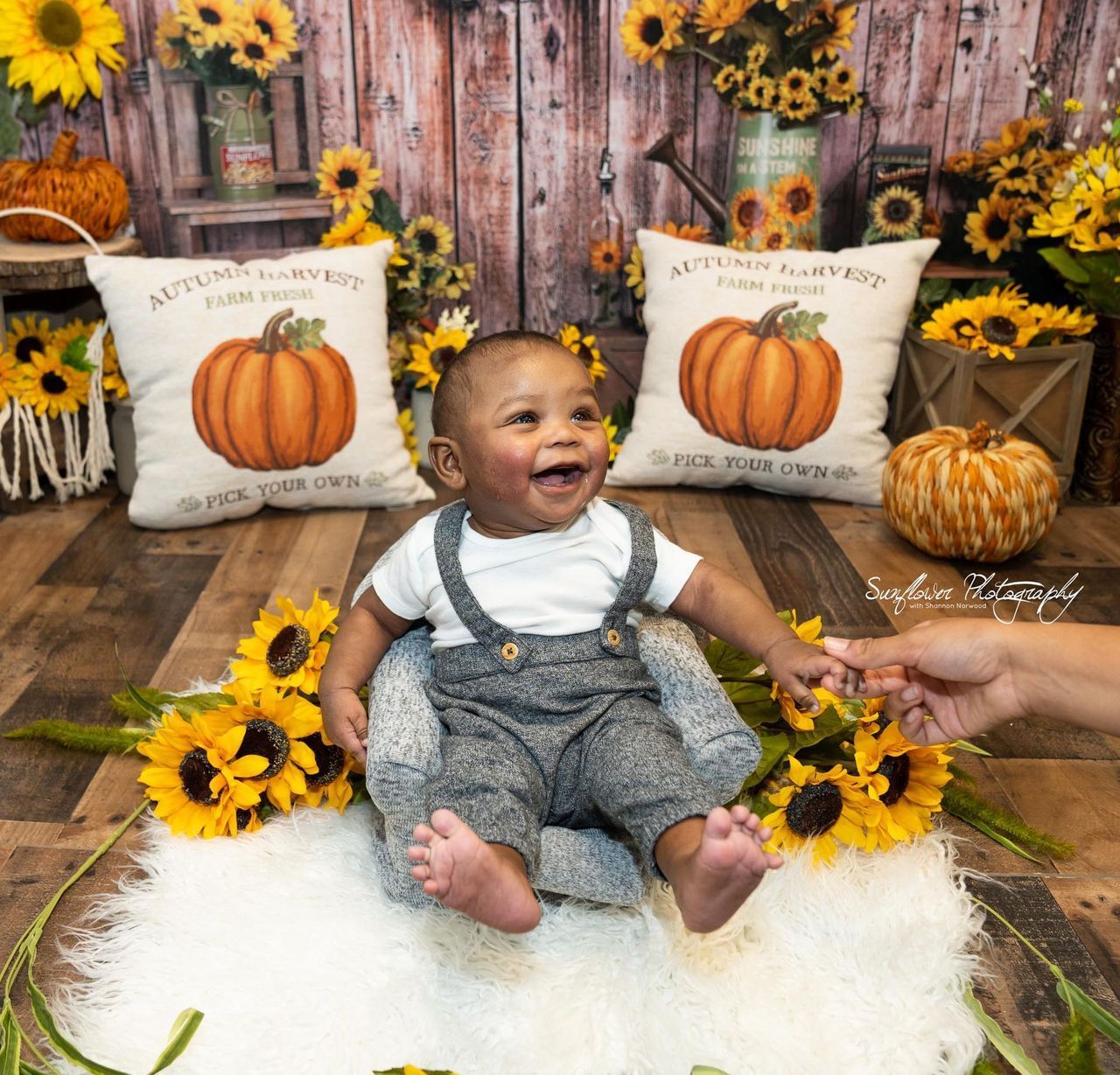 A baby is sitting in front of a pillow that says autumn harvest