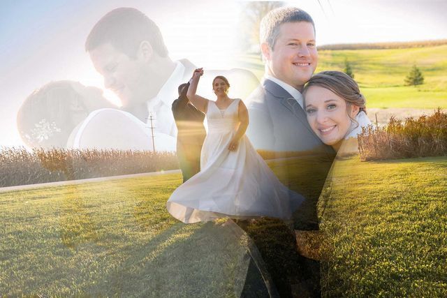 A double exposure of a bride and groom dancing in a field.