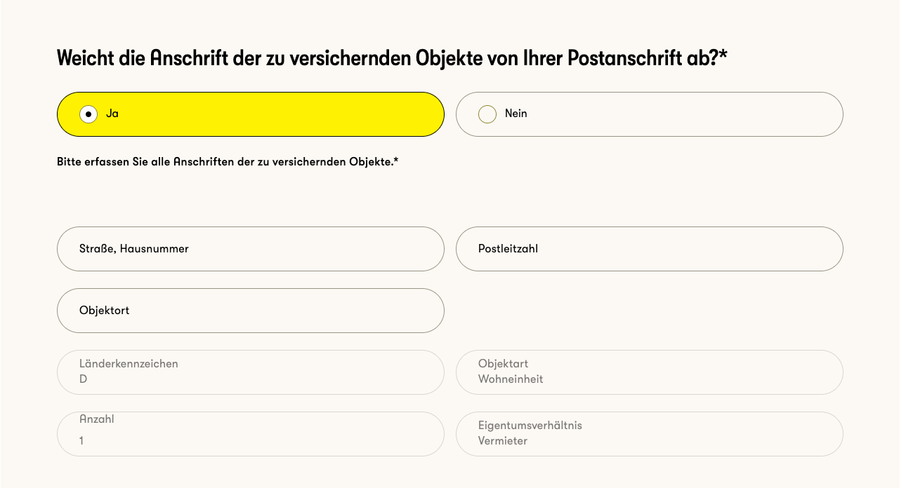 Weicht die Anschrift der zu versichernden Objekte von Ihrer Postanschrift ab?*