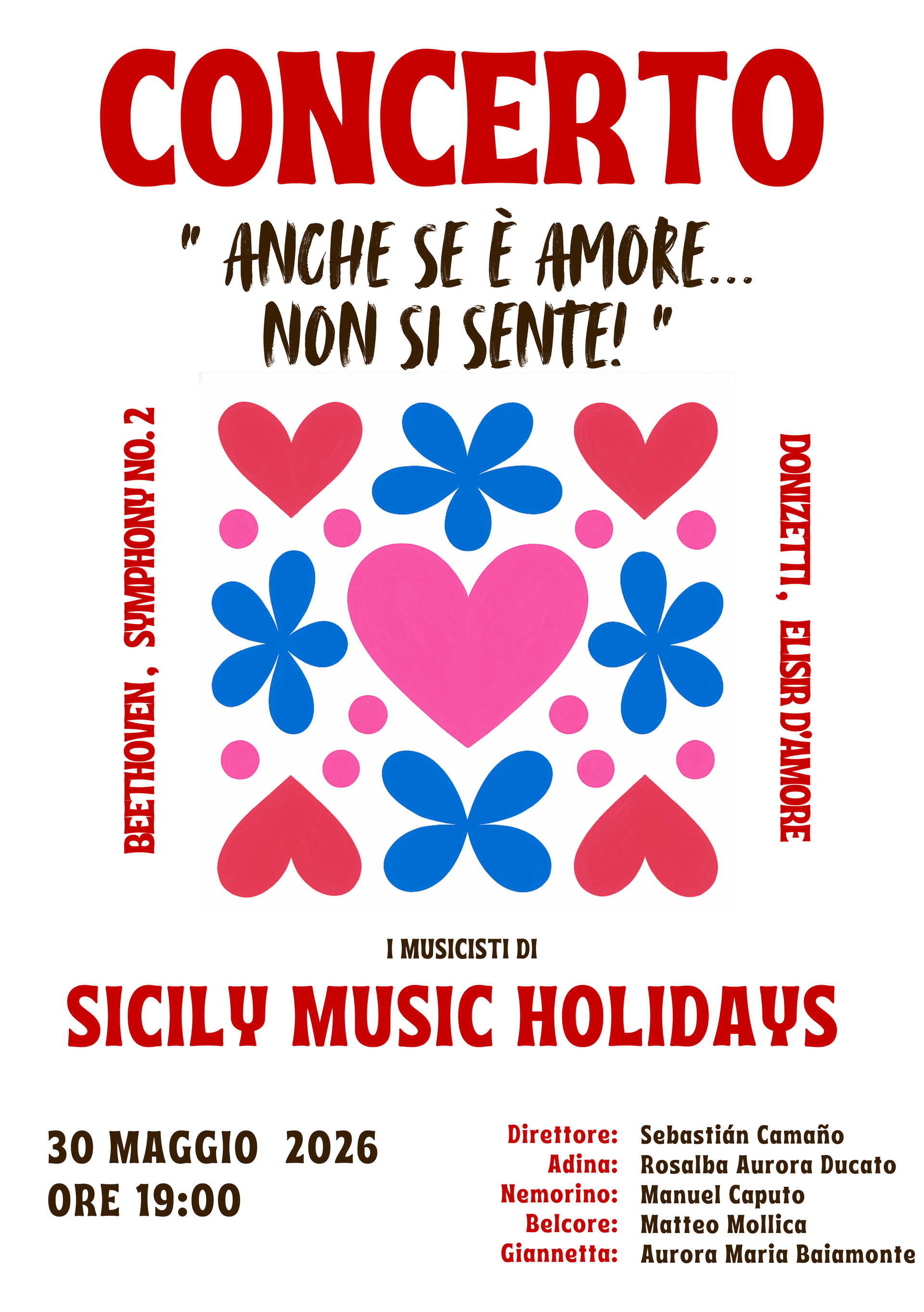 Manifesto del concerto con disegno a cuore e fiore. Titolo del concerto