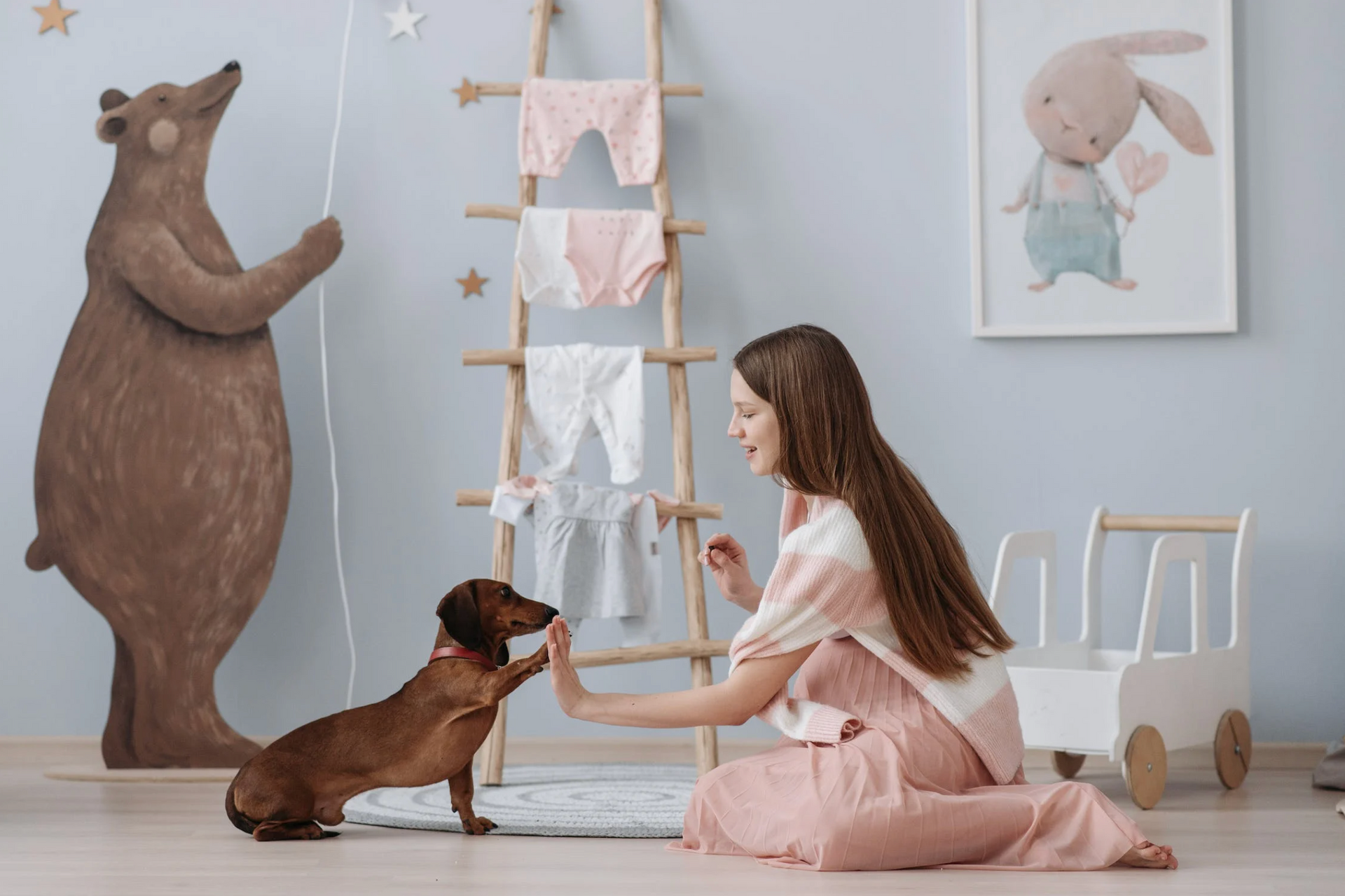 A woman is kneeling on the floor playing with a dog.