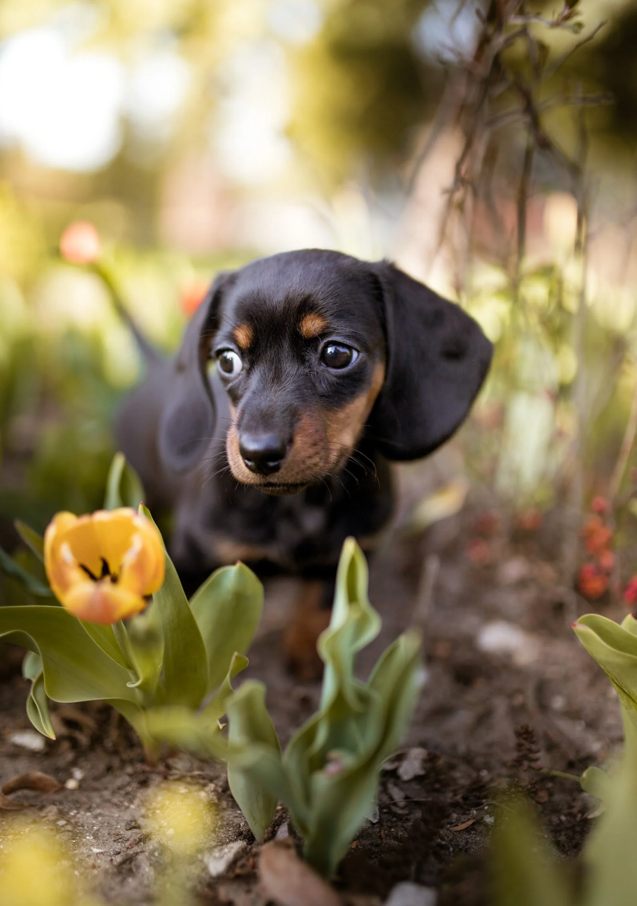 A dachshund puppy is standing in a garden next to flowers.