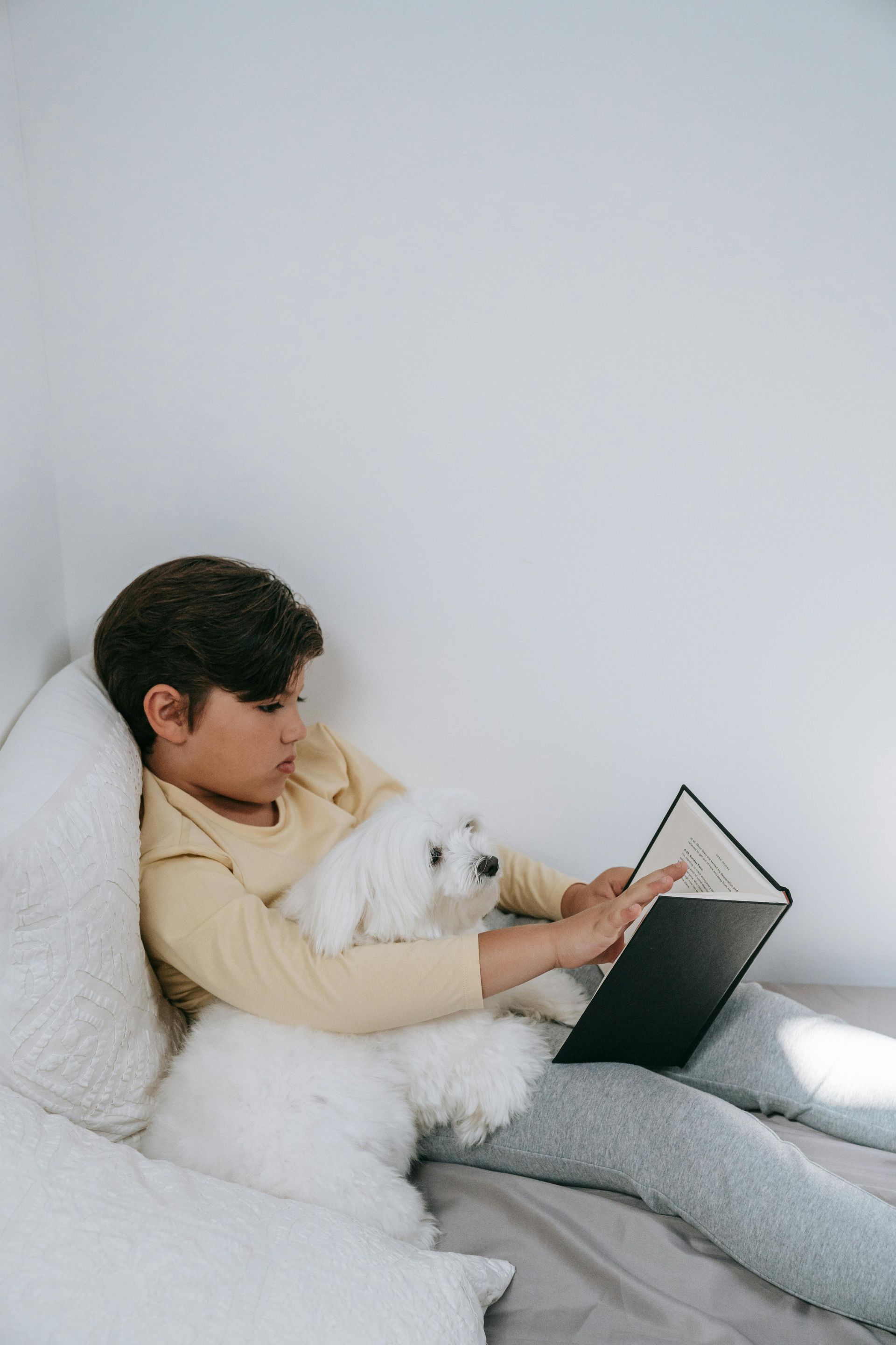 A young boy is laying on a bed with a dog and reading a book.