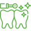 A green line drawing of two teeth with a toothbrush and toothpaste.