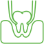 A green line drawing of a tooth being pulled out of a mouth.