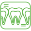 A green line drawing of three teeth in a square on a white background.