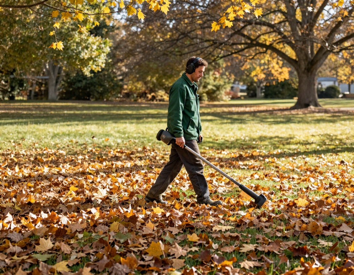 A Leaf Village crew member crossing a leaf-covered lawn with a leaf blower