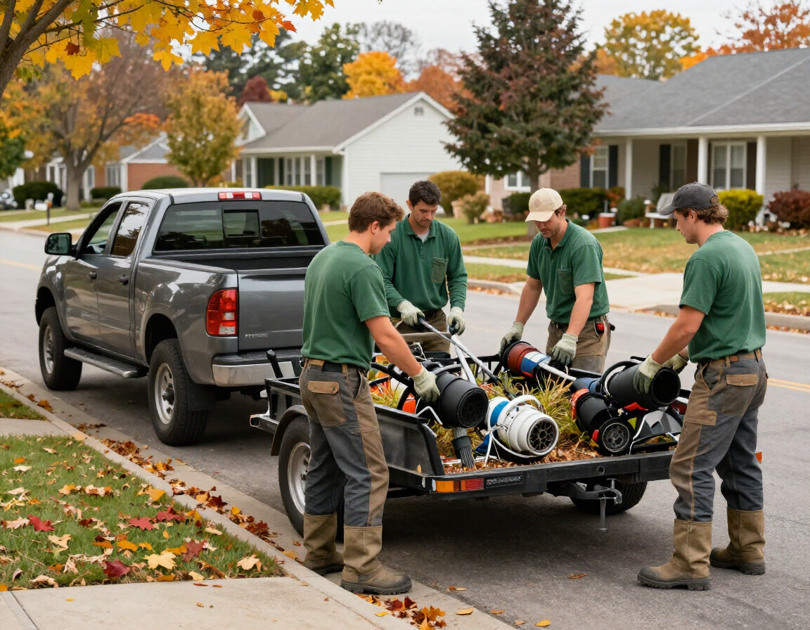 The four-person crew beside the truck and trailer