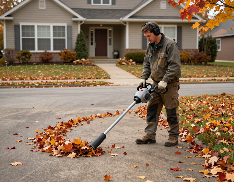 Step 3: a worker blowing leaves off a driveway