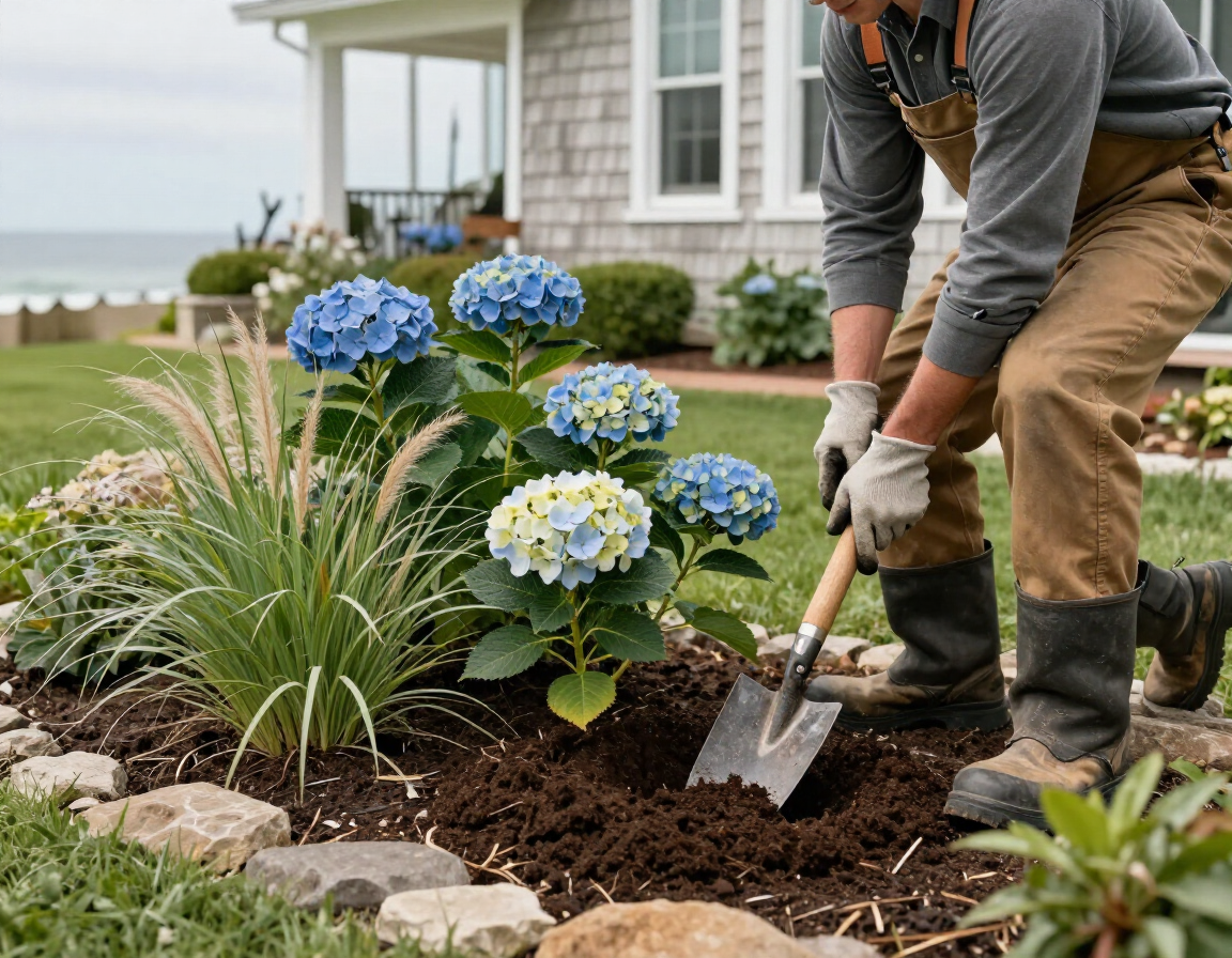 A landscaper planting hydrangeas in a garden bed
