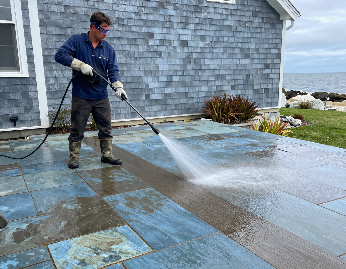 A worker pressure washing a bluestone patio