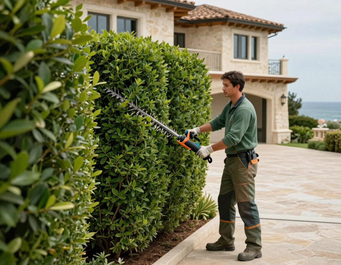 A landscaper trimming a tall hedge