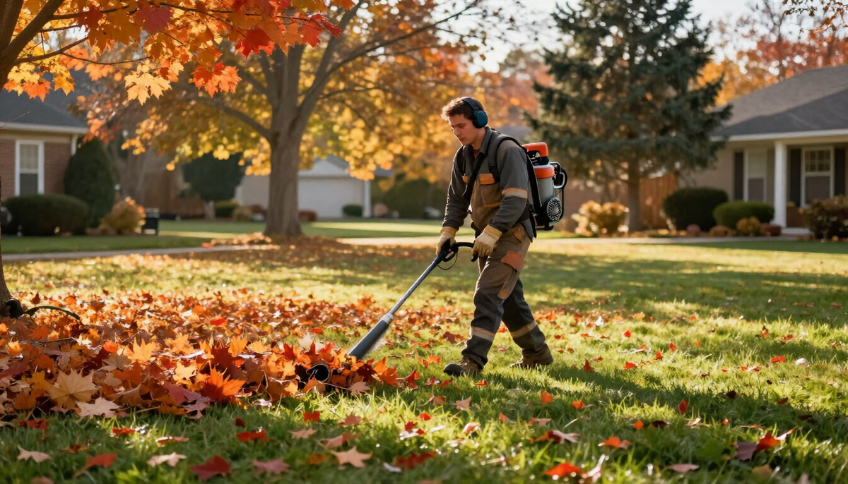 A Leaf Village crew member blowing a wave of autumn leaves across a lawn