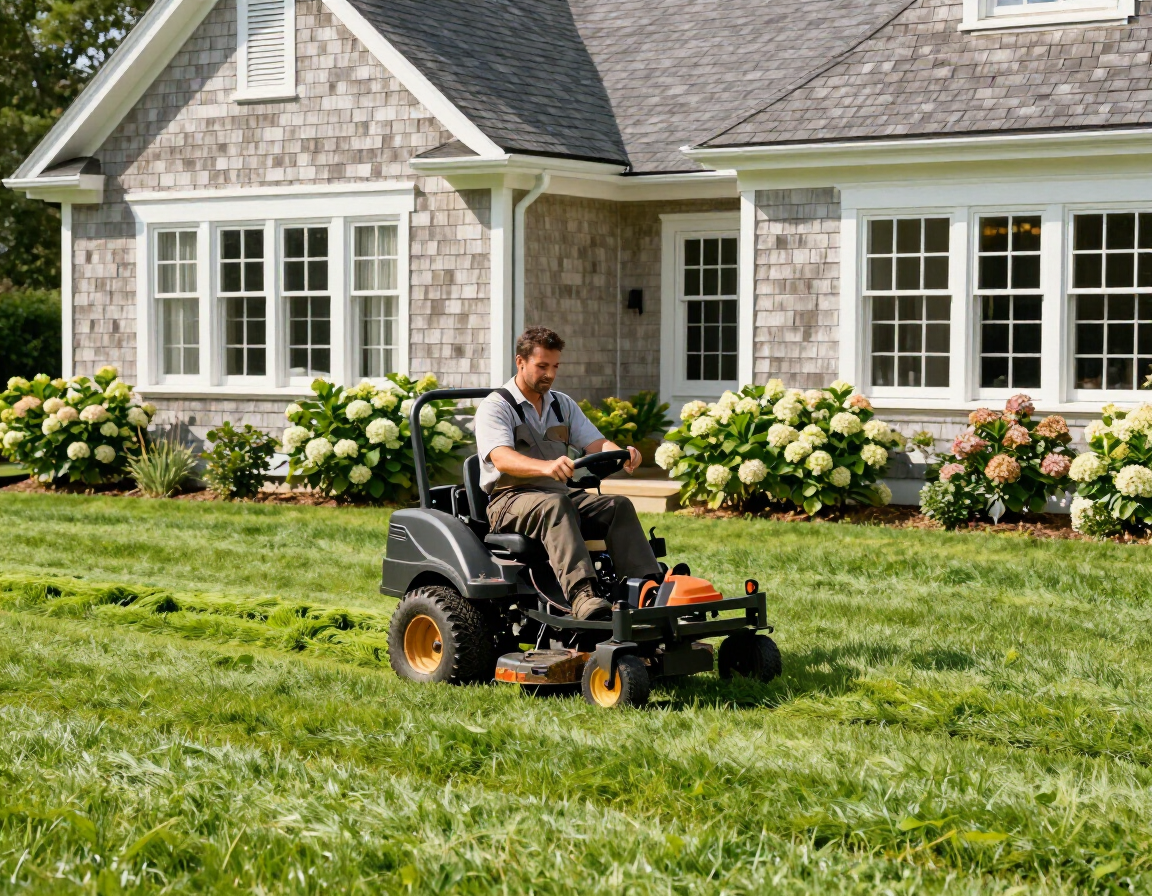 A landscaper mowing a lush striped lawn