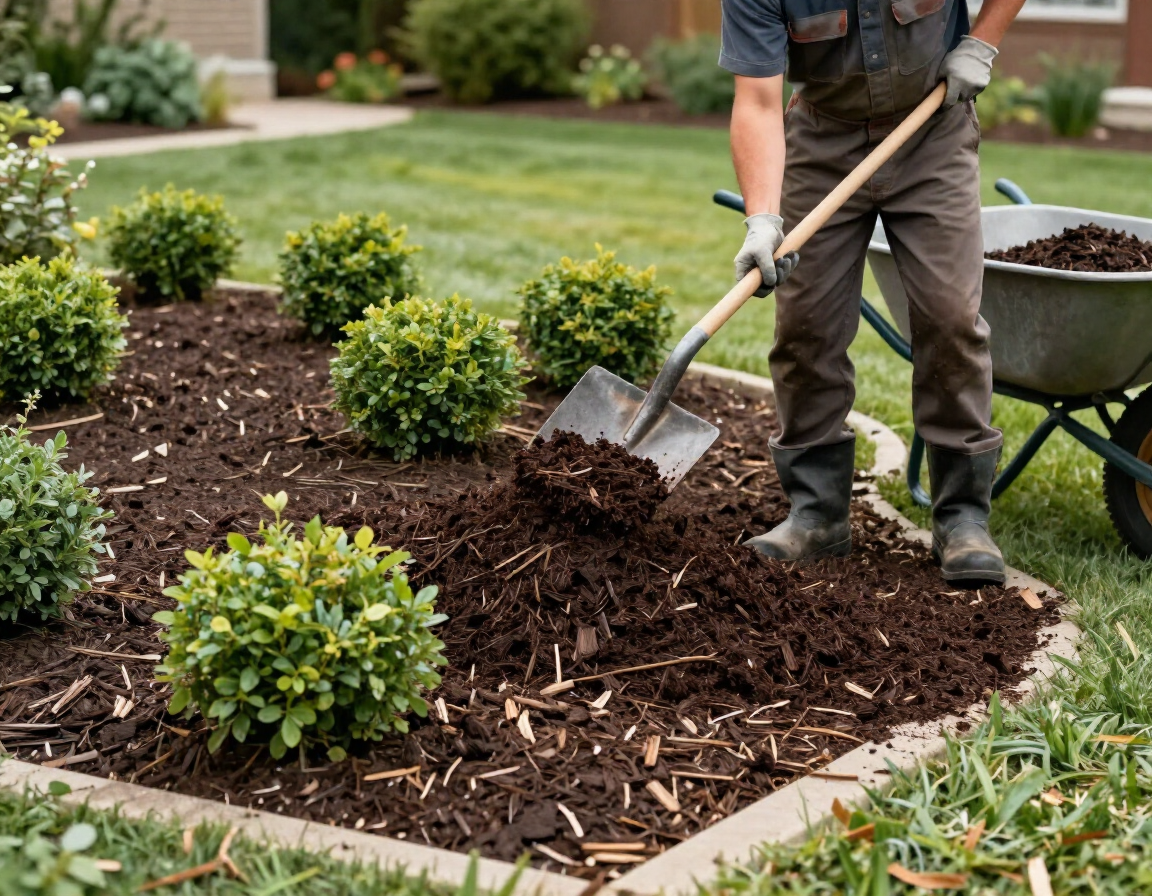 A landscaper spreading mulch around shrubs