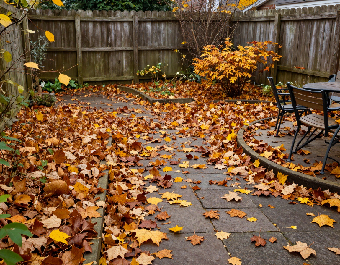 A backyard patio buried under fallen autumn leaves
