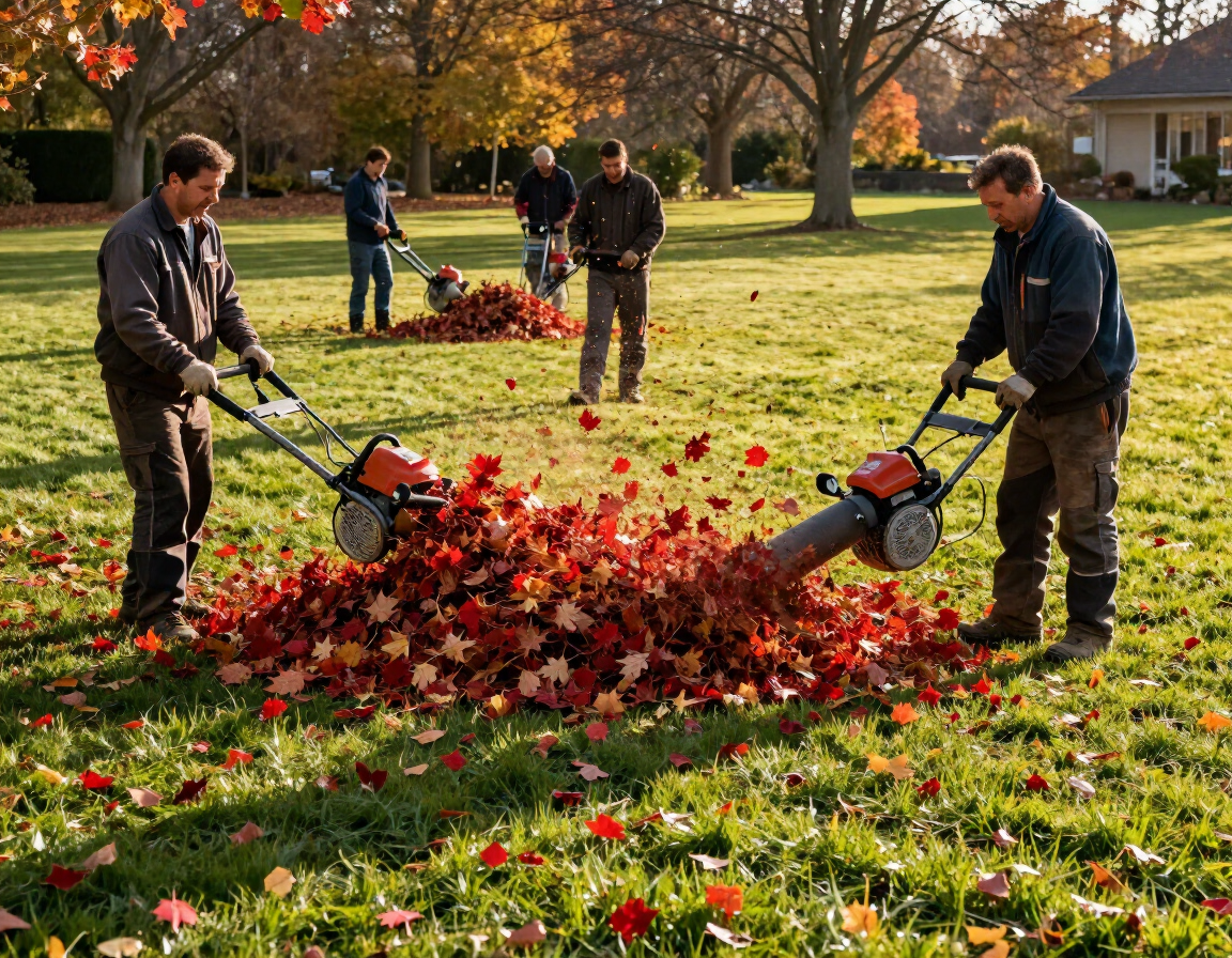 A Leaf Village crew blowing leaves into a pile on a large lawn