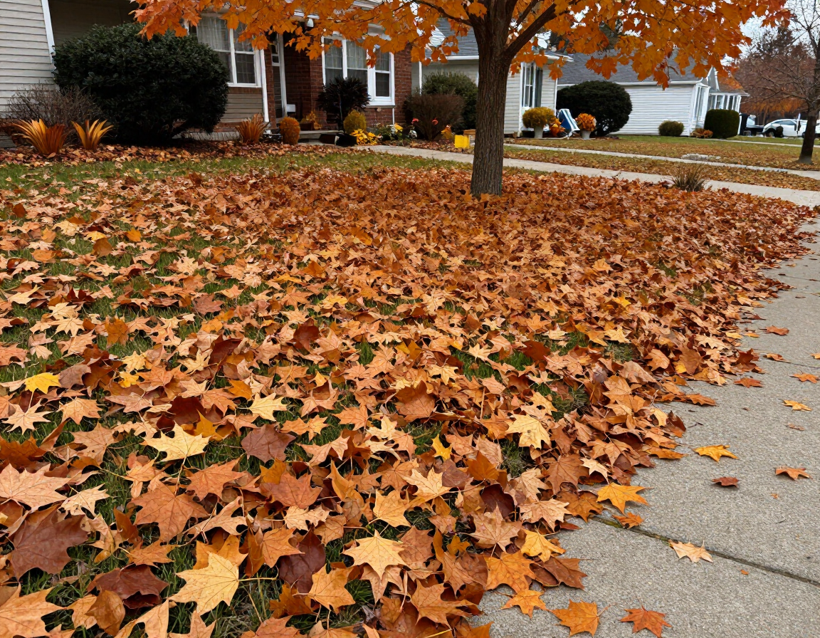 The front lawn buried in fallen leaves at sunrise