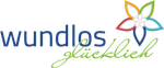 Wundlos glücklich-Logo mit blauem Text und einem mehrfarbigen Blumensymbol