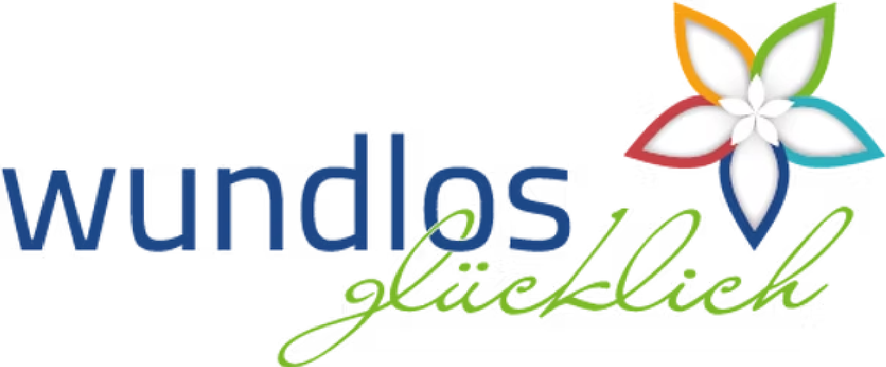 Wundlos glücklich-Logo mit blauem Text und einem mehrfarbigen Blumensymbol
